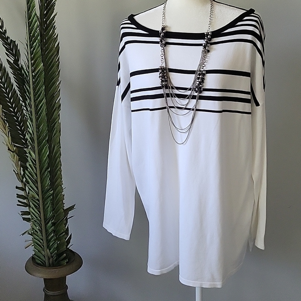 Cato white with black stripes wide neck 3/4 sleeve sweater NWT
